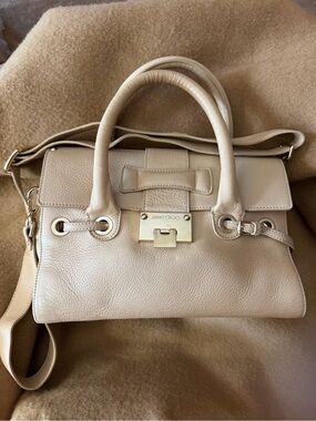 Jimmy Choo Cream Leather Crossbody w/Gold Hardware, Handles & Adjustable Strap.